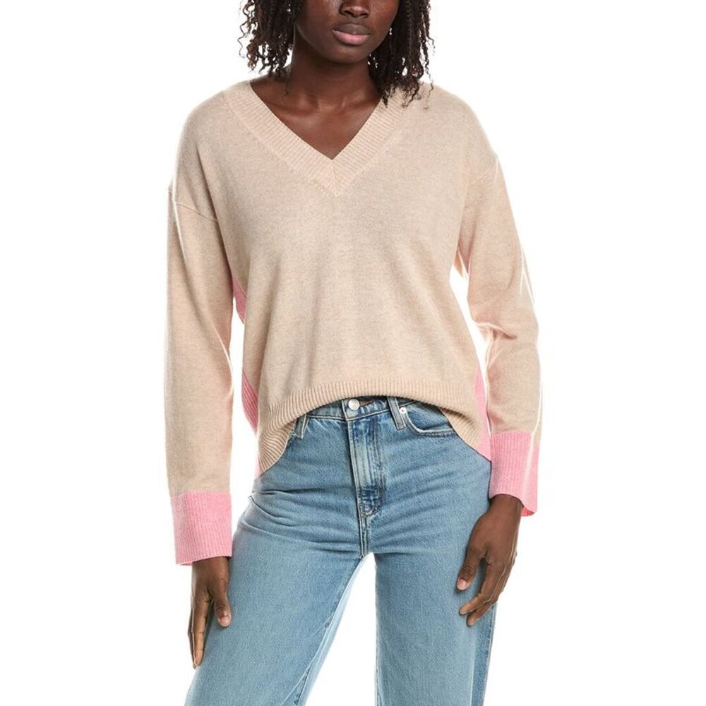 &Isla Womens  Beth Colorblock V-Neck 100% Cashmere Sweater, Brown